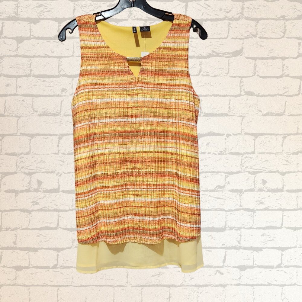 New Directions Top Women Size M Yellow Brown Corta Geometric Sheer Lining Shirt…